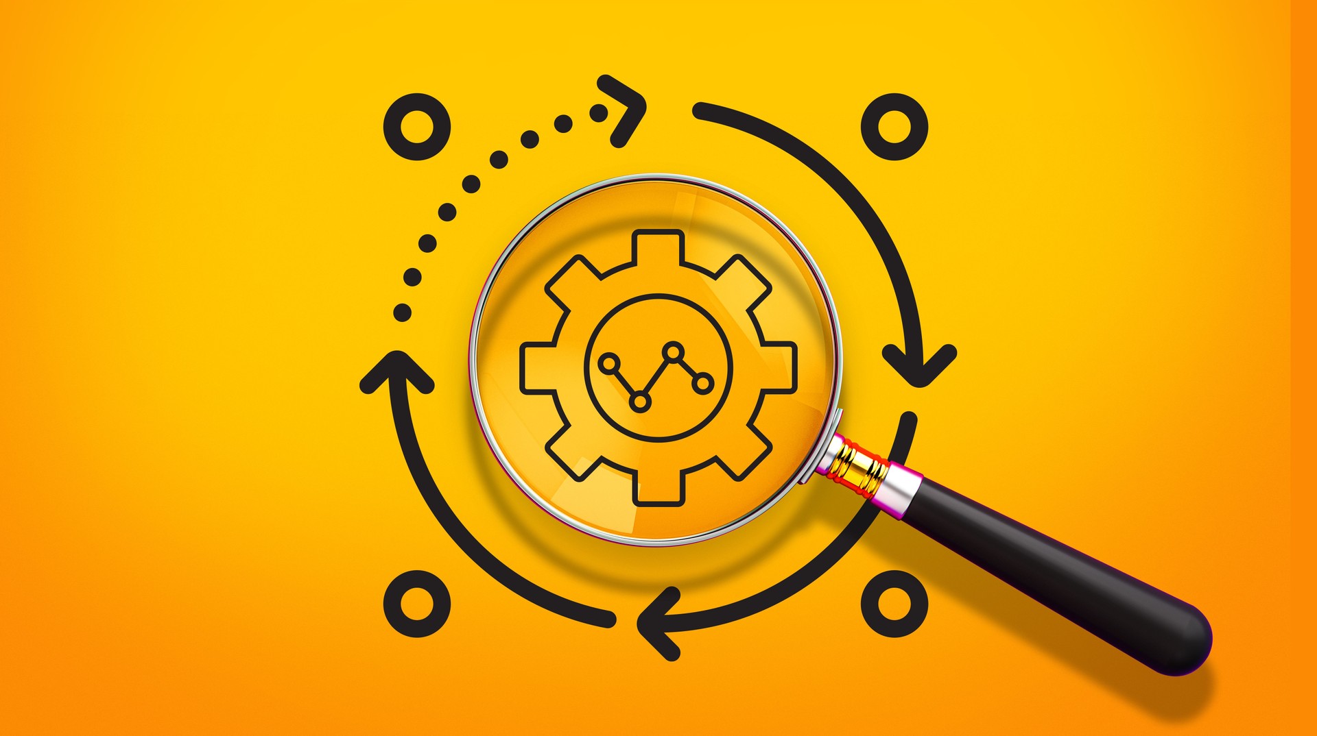 Business Growth Graph with Gear Icon and Strategy Process, Featuring a Magnifying Glass – 3D Rendering.